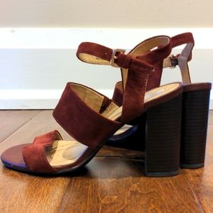 Burgundy suede GEOX strappy sandal with block heel, size 8. Worn once!